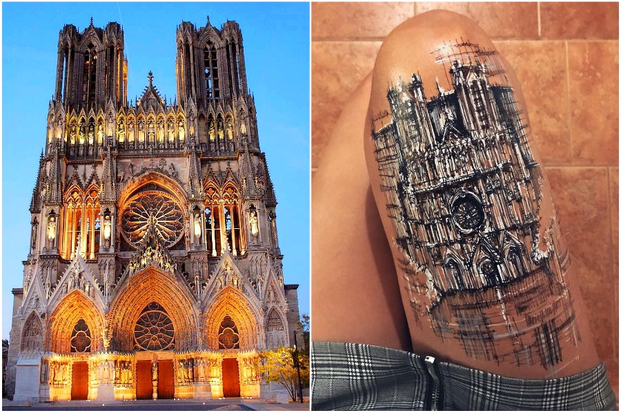 Notre-Dame de Reims |  artista usa su cuerpo como lienzo para bocetos de arquitectura |  Su belleza