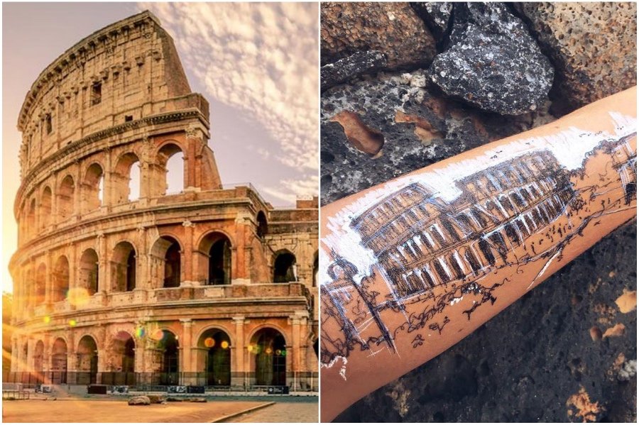 Coliseo Romano |  artista usa su cuerpo como lienzo para bocetos de arquitectura |  Su belleza