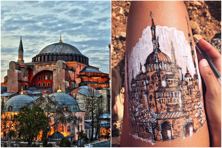 Santa Sofía en Estambul |  artista usa su cuerpo como lienzo para bocetos de arquitectura |  Su belleza