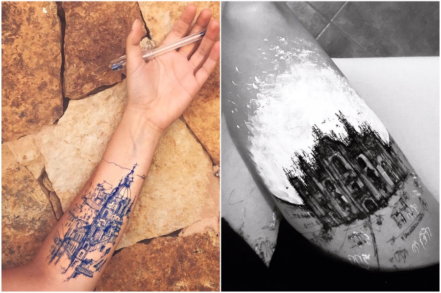 Tatuaje de manga de arquitectura gótica |  artista usa su cuerpo como lienzo para bocetos de arquitectura |  Su belleza