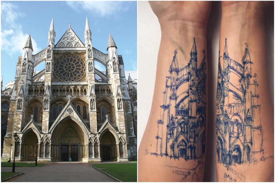   Abadía de Westminster |  artista usa su cuerpo como lienzo para bocetos de arquitectura |  Su belleza