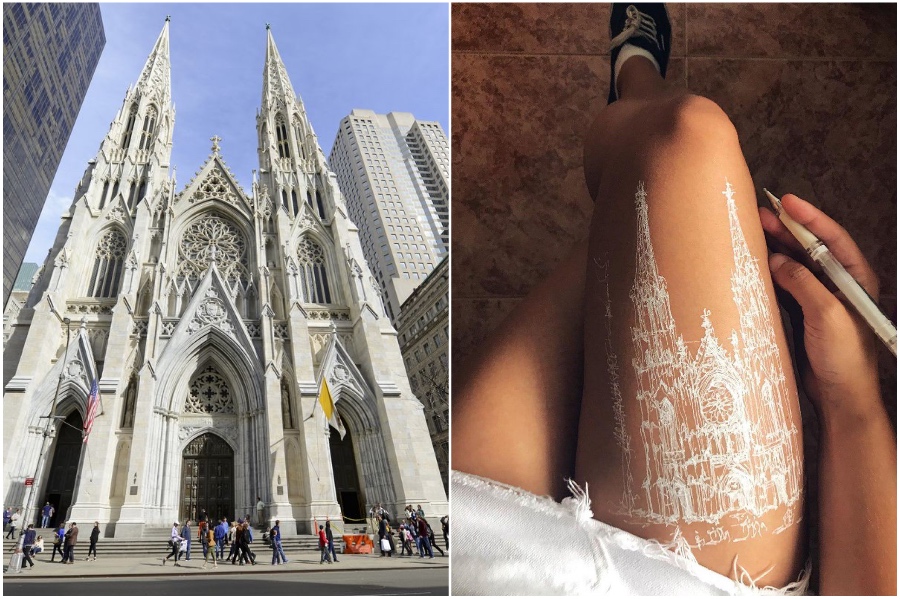Catedral de San Patricio en NY |  artista usa su cuerpo como lienzo para bocetos de arquitectura |  Su belleza