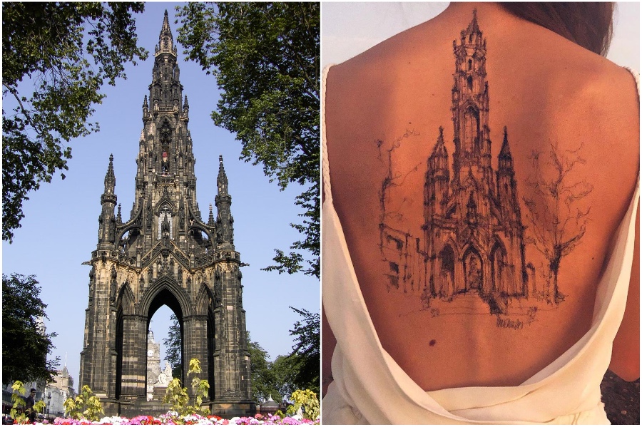 Monumento a Walter Scott en Edimburgo |  artista usa su cuerpo como lienzo para bocetos de arquitectura |  Su belleza