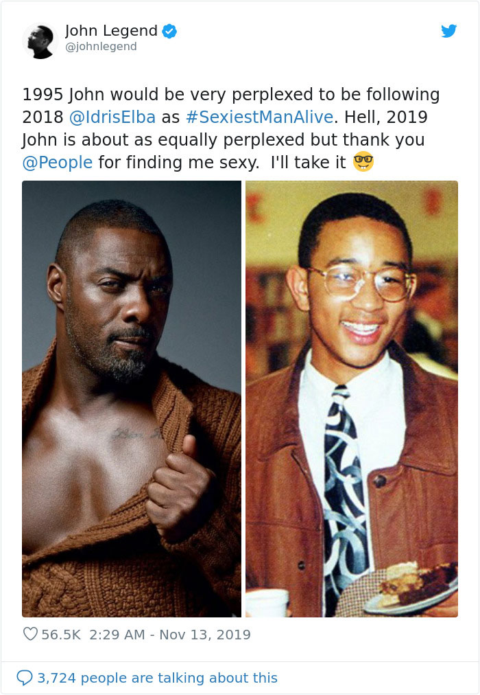 1995 Juan y 2018 Idris Elba |  John Legend es nombrado el hombre vivo más sexy de 2019 y su esposa Chrissy Teigen se convierte en su troll más grande |  Su belleza