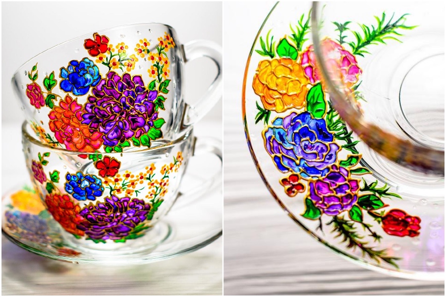 Flor de inspiración vintage |  Tazas y teteras de vidrio pintadas a mano que te alegrarán el día |  Su belleza