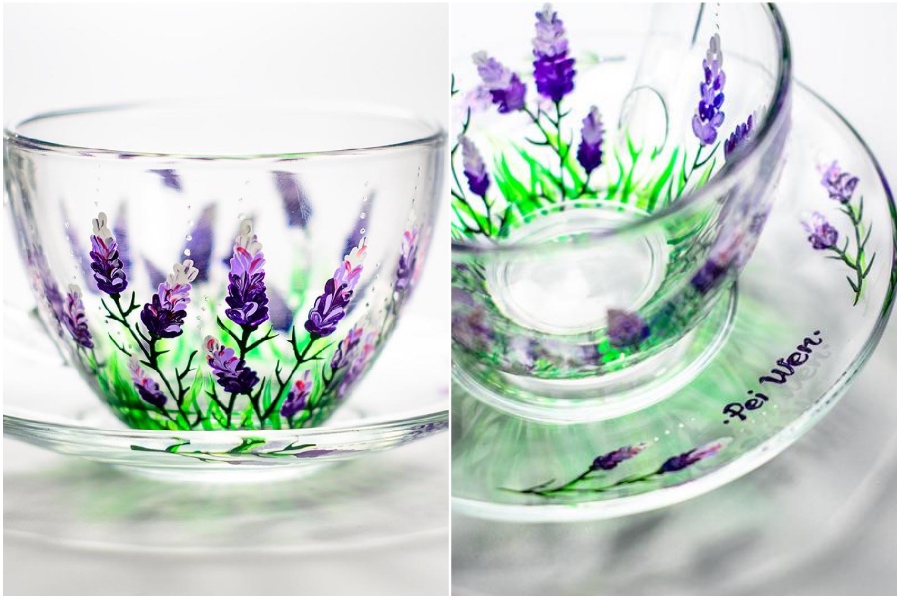 Copa clase lavanda |  Tazas y teteras de vidrio pintadas a mano que te alegrarán el día |  Su belleza