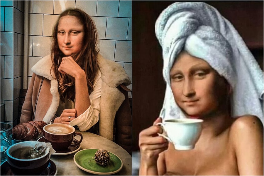 Mona Lisa se sienta en la toalla |  Mona Lisa reimaginada en el extracto del mundo moderno |  Su belleza