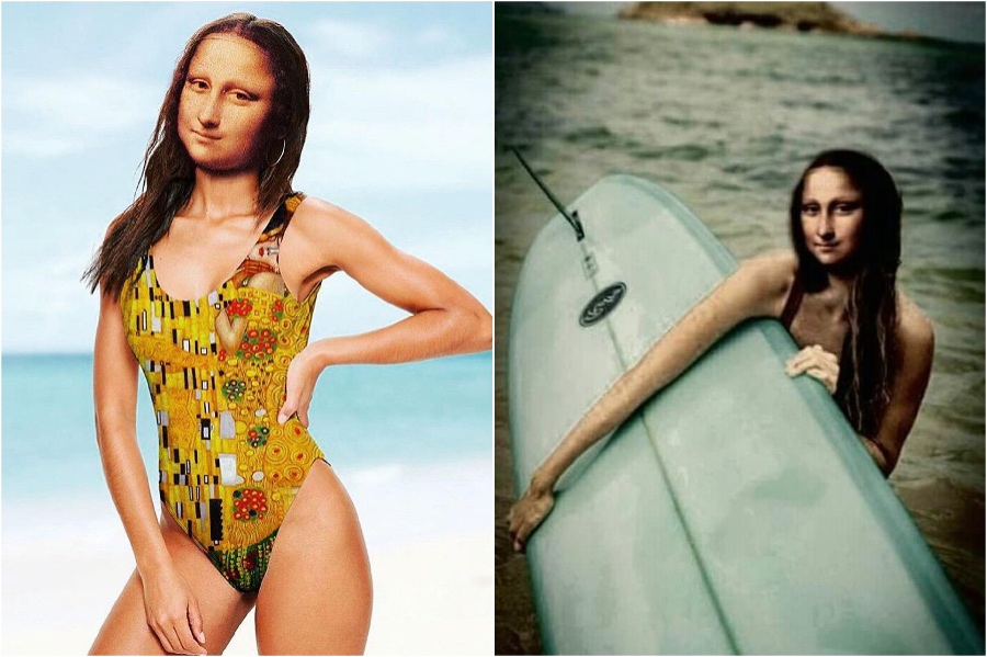 Mona Lisa en la playa.  |  Mona Lisa reimaginada en el extracto del mundo moderno |  Su belleza
