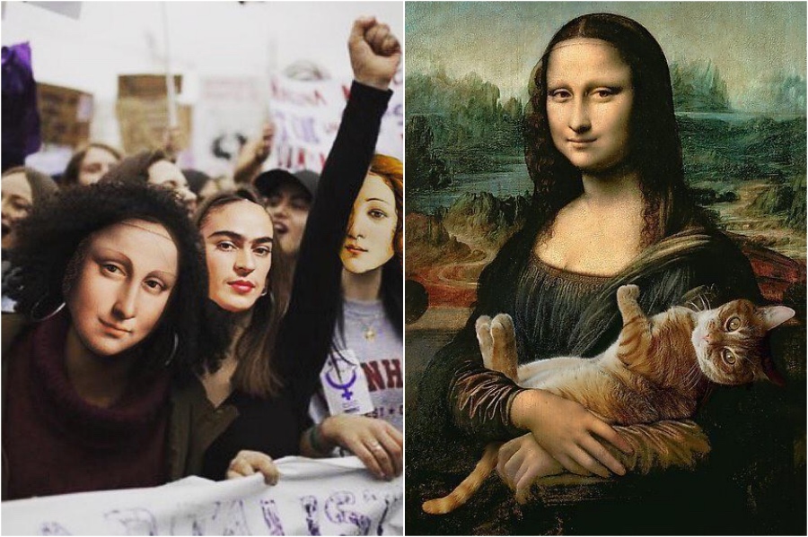 Mona Lisa en marchas por la igualdad |  Mona Lisa reimaginada en el extracto del mundo moderno |  Su belleza