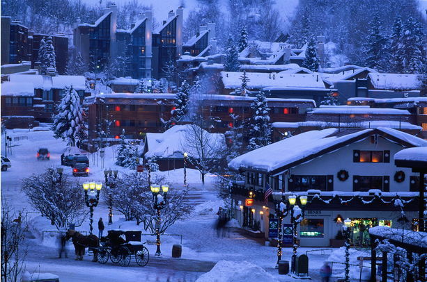 estados unidos de américa, colorado, aspen, citycape, en, anochecer, invierno, vista elevada